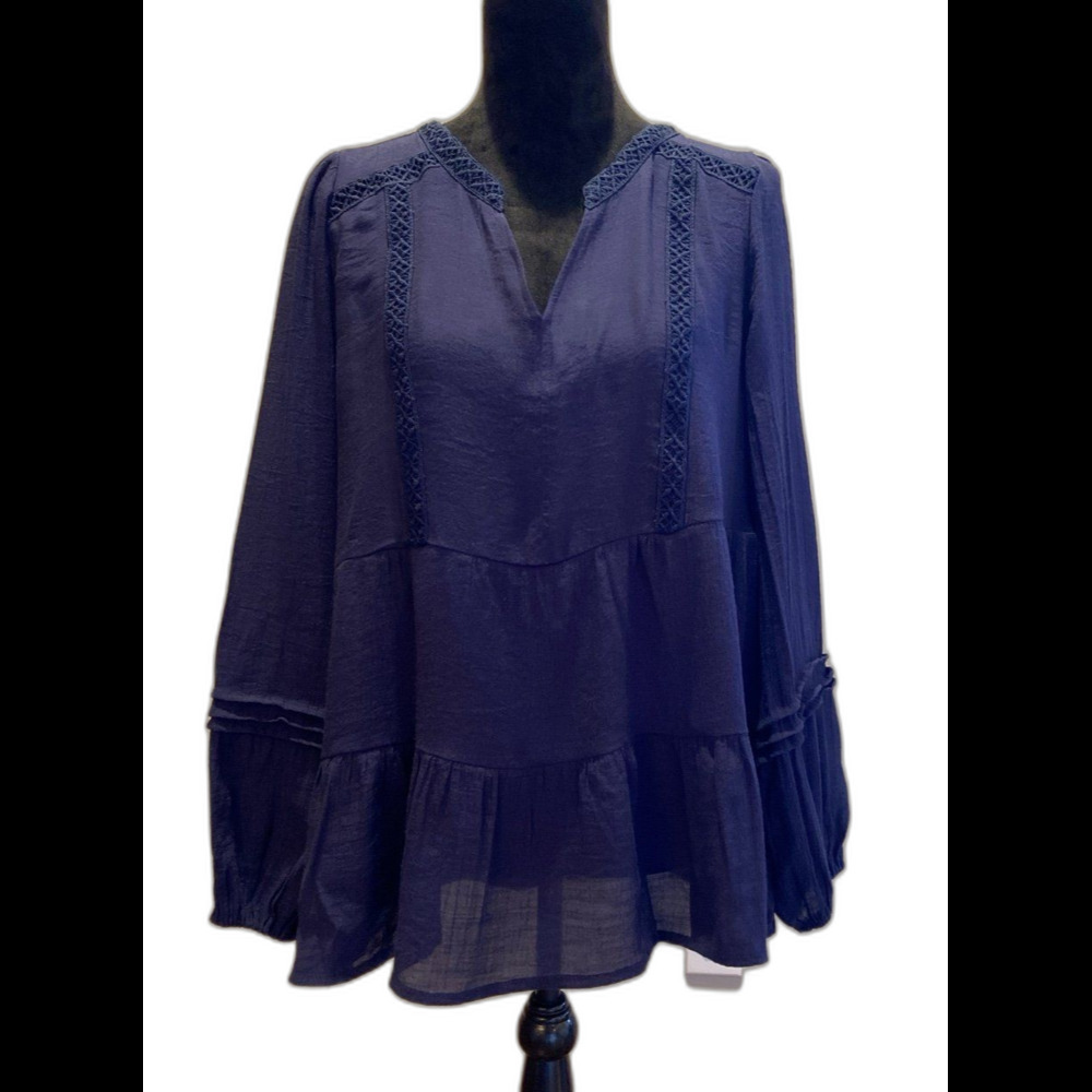Zac & Rachel Blouse Size ? Large Navy Boho Lace Trim Peasant Top Hippie 70’s